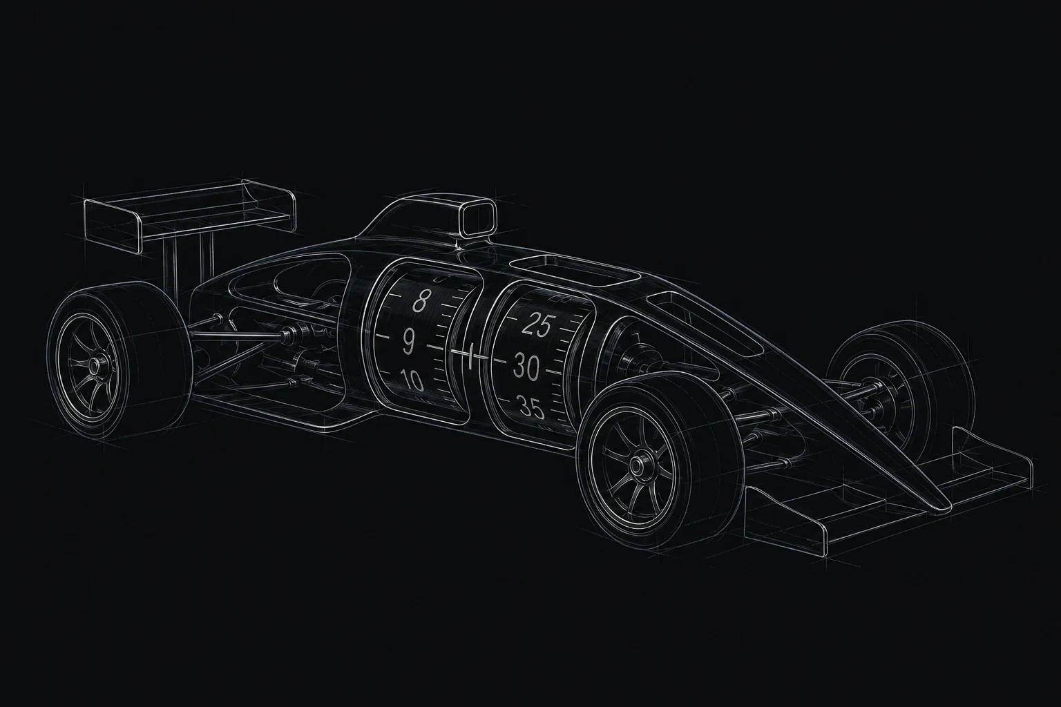 Pale blueprint lines on black trace APEX’s pointed racing-car silhouette, four exposed wheels and two numbered time barrels in its open centre