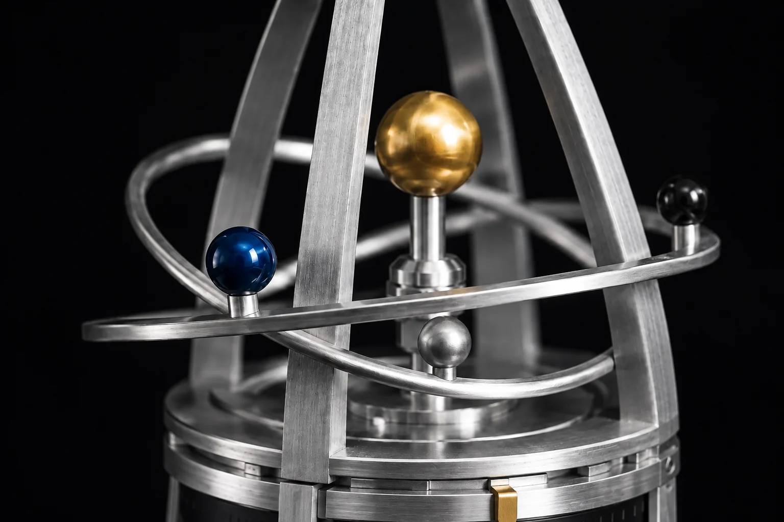 Close-up finish study of the rocket’s open silver crown, orbital rings and blue and gold planetary forms