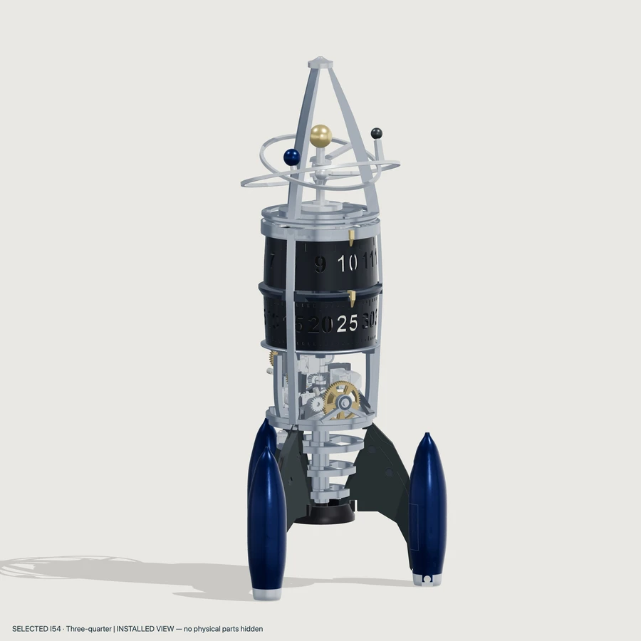 Selected I54 CAD: gently curved silver frame, dark twin time drums, exposed gearwork, charcoal fins and blue booster pods with silver foot caps