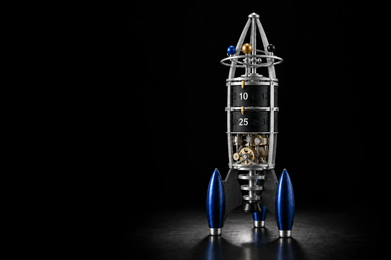 LAUNCH 001 finish visualization with a silver frame, gold gears, dark time drums and deep-blue pods with silver feet, shown while the 3D view loads